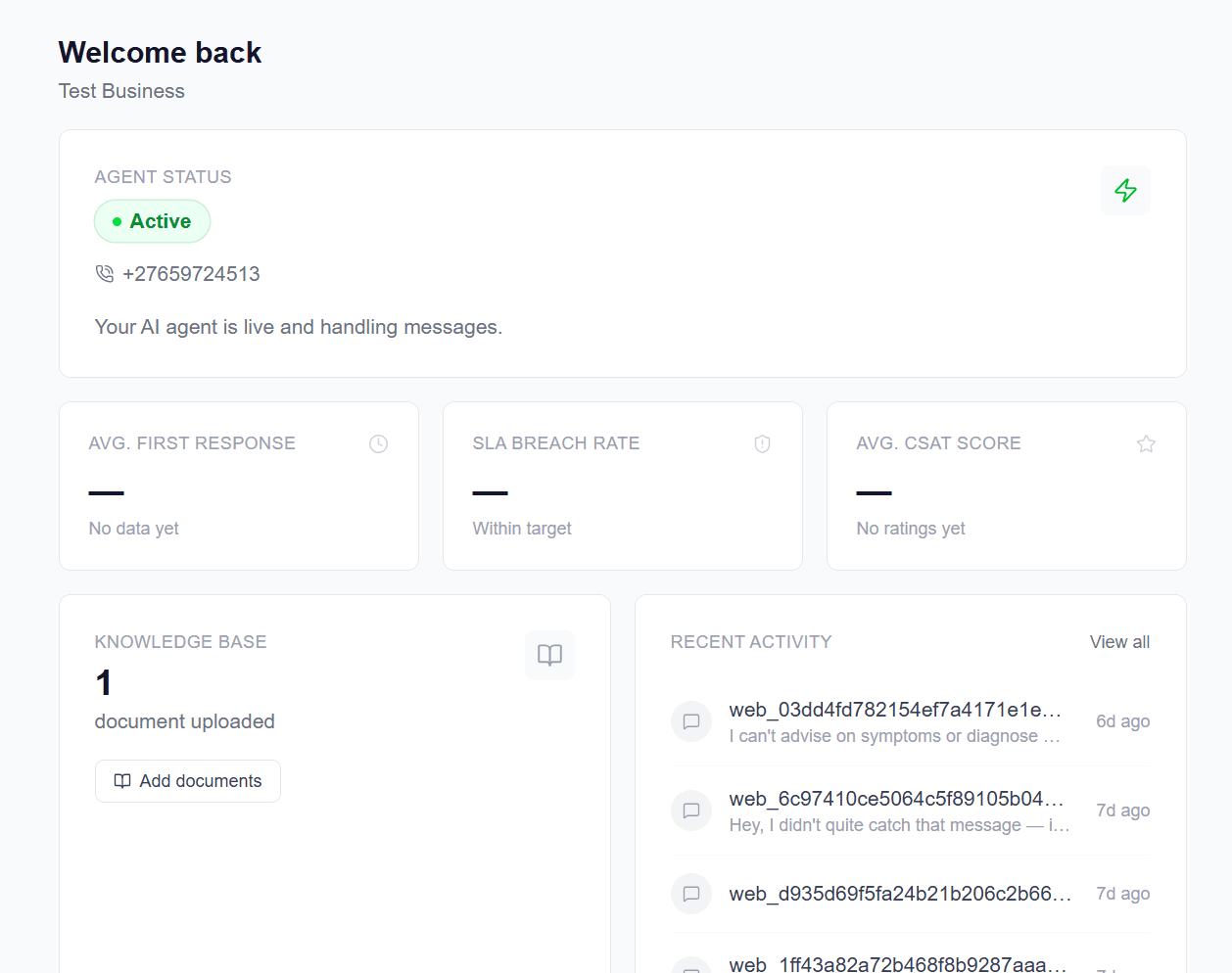 AI agent dashboard showing live agent status, first response metrics, SLA breach rate, CSAT score, and real-time conversation activity — built by Bila Automation